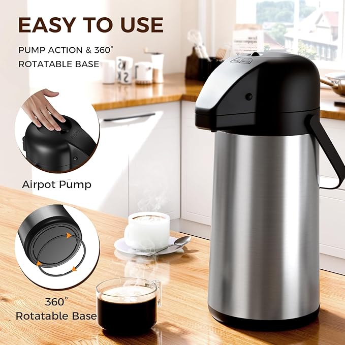 Coffee Carafe for Keeping Hot - Gezoss 85OZ / 2.5L Airpot Coffee Dispenser with Pump - Large Coffee Carafe for Hot Drinks Tea Liquid - Insulated Stainless Steel Hot Water Beverage Urn for Parties - Image 3