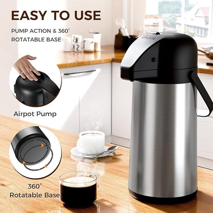 Coffee Carafe for Keeping Hot - Gezoss 85OZ / 2.5L Airpot Coffee Dispenser with Pump - Large Coffee Carafe for Hot Drinks Tea Liquid - Insulated Stainless Steel Hot Water Beverage Urn for Parties - Image 3