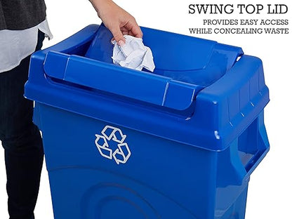 United Solutions 23 Gallon Highboy Plastic Recycling Bin Kitchen Trash Can with Lid, Pass Through Handles, and Dustpan Edge, Blue - Image 4