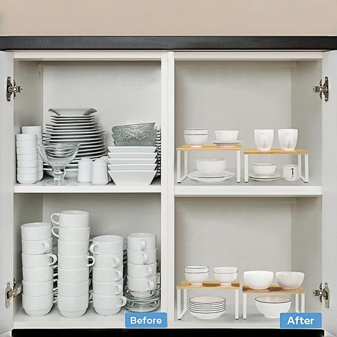 NEX Bamboo Kitchen Cabinet and Counter Shelf Organizer, Stackable & Expandable, Set of 4, White and Natural - Image 5