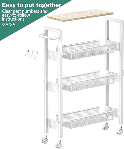 Vivihomety Utility Slim Storage Cart, 4 Tier Small Rolling Kitchen Laundry Room Cart with Wood Top, Metal Bathroom Storage Cabinet Mobile Shelf Unit Organizer Trolley with Handle for Narrow Space - Image 8