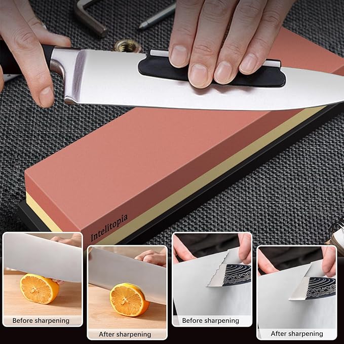 Intelitopia Complete Knife Sharpening Stone Set – Dual Grit Whetstone 400/1000 3000/8000 Knife Sharpener with Leather Strop, Flattening Stone, Bamboo Base, 3 Non-slip Rubber Bases & Angle Guide - Image 5