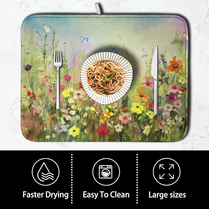Spring Floral Dish Drying Mat for Kitchen Counter 16x18 Inch Sage Green Wild Flowers Drying Mats Spring Summer Plant Microfiber Absorbent Dish Rack Pad for Coffee Bar Sinks Home Accessories - Image 4