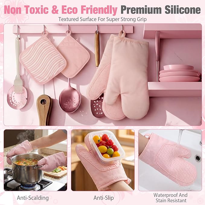Sumind Pink Oven Mitts and Pot Holders 7 Sets, Heat Resistant Kitchen Gloves Pads Potholders for Mother Women Gifts Pot Holders Kitchen Accessories Gift(Pink White,Rubber Cotton,Stripes) - Image 4