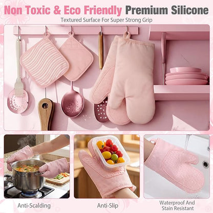 Sumind Pink Oven Mitts and Pot Holders 7 Sets, Heat Resistant Kitchen Gloves Pads Potholders for Mother Women Gifts Pot Holders Kitchen Accessories Gift(Pink White,Rubber Cotton,Stripes) - Image 4