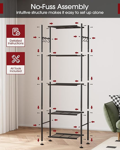 Sakugi Storage Shelves - 5-Tier Large Capacity Shelf Organizer with Hooks, Heavy-Duty Garage Shelving with Leveling Feet, Wobble-Free Rack for Bedroom, Balcony, Garage, 18.1"×12.4"×56.8", Black - Image 9