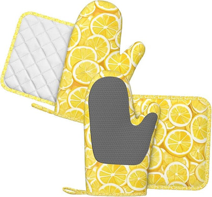 Oven Mitts and Pot Holders Lemon Watercolor Yellow Silicone Kitchen Accessories Set of 4 Heat Resistant Long Gloves Potholder Non-Slip Grip for Chef Cooking Baking Grilling BBQ