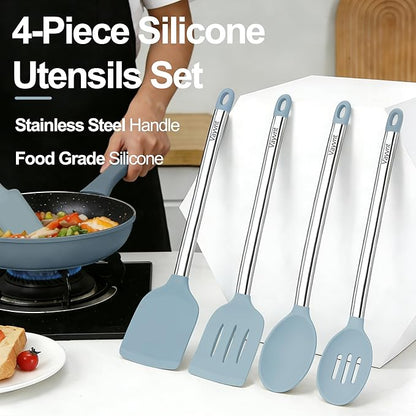 Vayvnt 4PCS Kitchen Utensils Set, Heat Resistant Silicone Utensils Set for Cooking, Non Scratch Spatula Spoons for Non Stick Pan, Large Kitchen Cooking Tools, Metal Long Handle&Dishwasher Safe, Blue