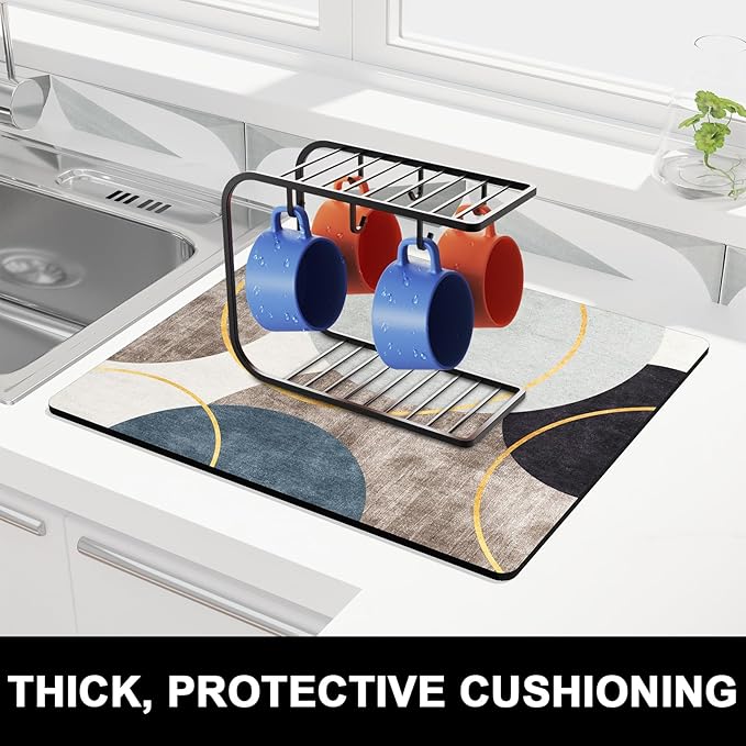 Rnivvi Dish Drying Mat for Kitchen Counter, 16 x 18" Cute Boho Theme Absorbent Heat Resistant Drying Pad with Non-slip Rubber, Coffee Bar Mats for Coffee Machine Dish Rack, Abstract Art Circle - Image 2