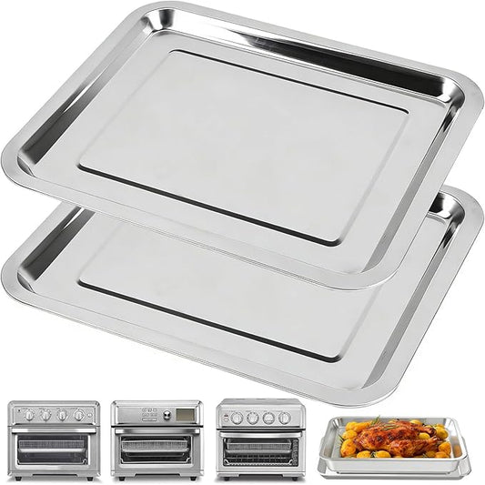 Baking Pan Stainless Steel Set of 2, 12.4"x11" Air Fryer Pan Replacement Tray for Cuisinart TOA-060 and TOA-065 TOA-70 Airfryer Toaster Oven Accessories Parts for Cooking Bread and Broiling, NonStick
