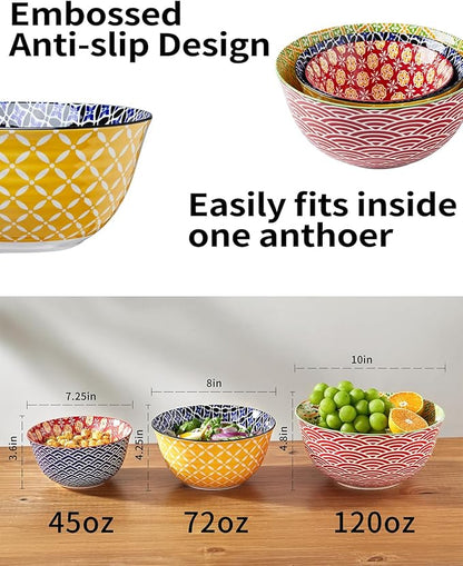 Metahom Ceramic Mixing Bowls for Kitchen, Colorful Nesting Bowls, Large Serving Bowls for Prepping, Baking, Mixing, Salad, Microwave Dishwasher Safe, 3.7/2.3/1.4 Qt, Set of 3 - Image 2