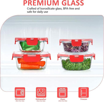 KOMUEE 24 Pieces Glass Food Storage Containers Set, Meal Prep Containers, BPA-Free Airtight Glass Storage Containers with lids, Freezer, Microwave and Oven Safe, Red