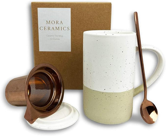 Mora Ceramics Tea Cup with Loose Leaf Infuser, Spoon and Lid, 12 oz, Microwave and Dishwasher Safe Coffee Mug - Rustic Matte Ceramic Glaze, Modern Herbal Tea Strainer - Great Gift for Women, Limestone by MORA