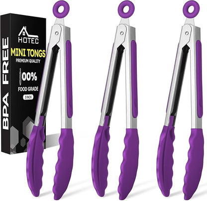 Hotec Mini Silicone Kitchen Tongs for Cooking - 7-Inch Small Serving Tongs with Silicone Tips, Set of 3 (Purple) by Hotec