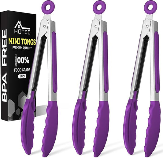 Hotec Mini Silicone Kitchen Tongs for Cooking - 7-Inch Small Serving Tongs with Silicone Tips, Set of 3 (Purple) by Hotec