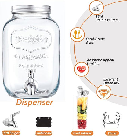 2 Gallon Drink Dispenser with 18/8 Stainless Steel Spigot, Sun Tea Glass Mason Jar for Outside, Iced Lemonade Beverage Dispenser with Fruit Infuser, Large Water Juice Jug, Punch Dispenser for Parties