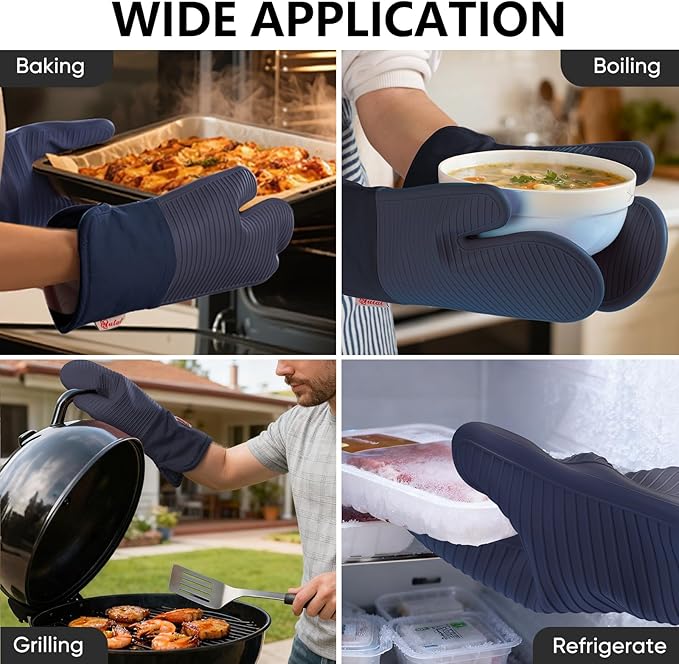 YUTAT Silicone Oven Mitts,High Heat Resistant Up to 500 Degrees,Waterproof Cooking Gloves with Soft Polyester Filling,Kitchen Potholder Set - Perfect for BBQ,Baking and Cooking,DKBlue,2 Pcs Set - Image 5
