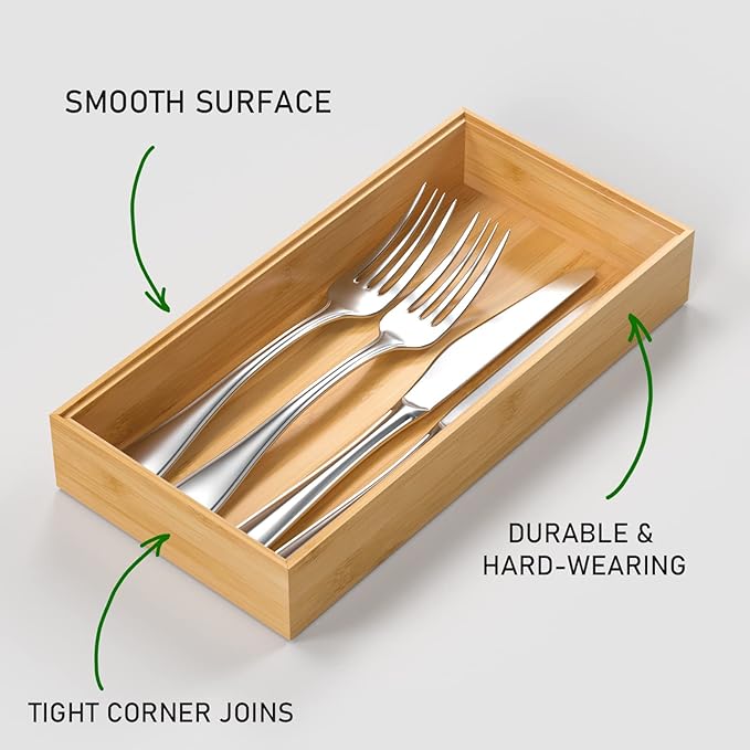 VeyFey Silverware Tray for Drawer, Stackable Kitchen Bamboo Drawer Organizer 12" x 6" x 2" Set of 2 - Image 2