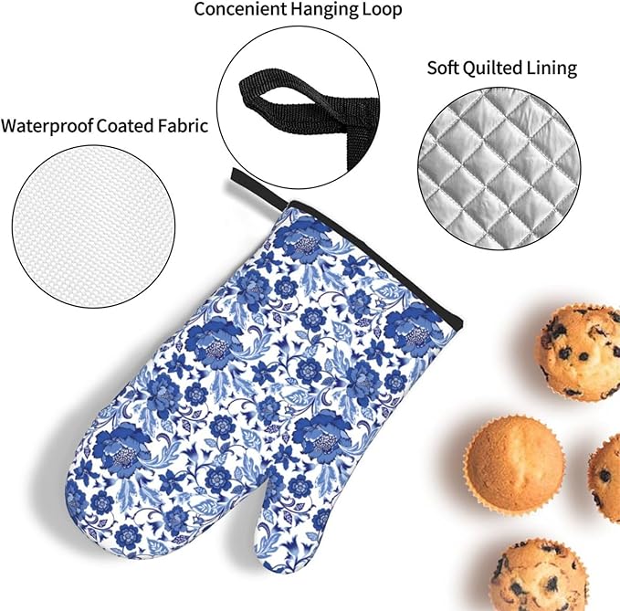 Navy Blue Floral Oven Mitts and Pot Holders Sets, Blue Chinoiserie Kitchen Mitts,Heat Resistant Oven Gloves Potholders for BBQ Baking Cooking Gifts for Baker Women & Housewarming Gifts for Hostress