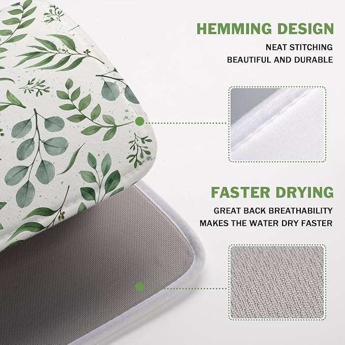 Kawani Sage Green Dish Drying Mat 16x18 In Absorbent Reversible Eucalyptus Leaves Plant Drying Mat Green Plant Dish Drying Rack Mat Spring Summer Themed Dish Drainer Mat for Kitchen Counter Coffee Bar