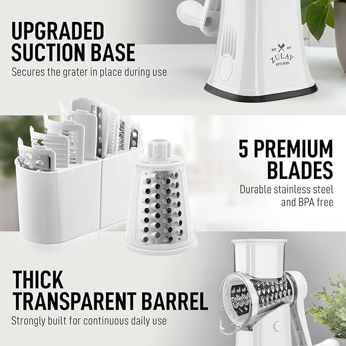 Zulay Kitchen Rotary Cheese Grater 5 Blade Cheese Shredder - Manual Hand Crank Cheese Grater With Reinforced Suction & 5 Interchangeable Drums - Easy to Use, Vegetable Chopper Round Mandoline Slicer - Image 7