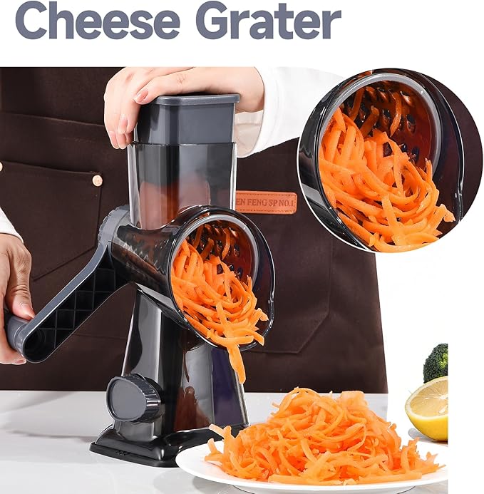 Rotary Cheese Grater with Handle Kitchen Shredder Slicer Grater Slicer Ice Shaver Cheese Vegetable Nuts Potato Zucchini Chocolate 3 Interchangeable Blades (Grey TSP) - Image 7