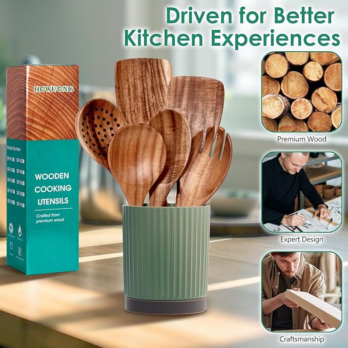 HOWHONG Wooden Spoons for Cooking, Teak Wood Kitchen Utensil Set, Premium Handmade Wooden Utensils for Nonstick Cookware, Heat Resistant, Smooth Finish, Comfortable Grip, 6 Piece - Image 7