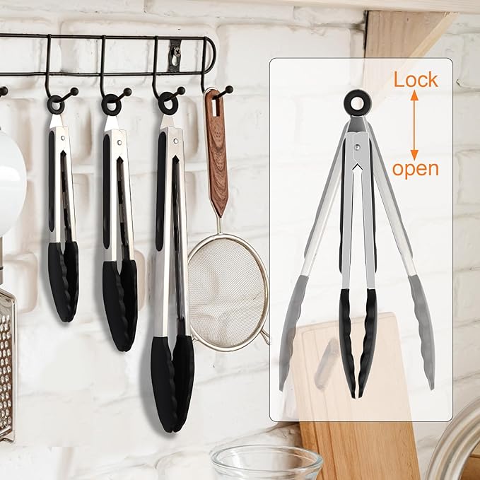 Premium Stainless Steel Heat Resistant Kitchen Tongs for cooking,set of 7"+9"+12" (Black),Non Scratch Silicone cooking Tong Tip for Cooking Pans,Strong Grip BBQ tongs for Grabbing Hot Food - Image 7