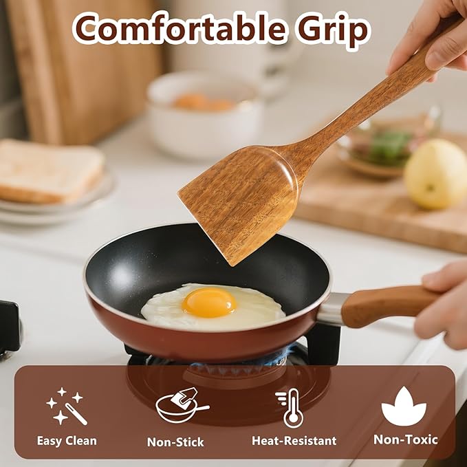 Wooden Spatulas, 2 PCs Natural Acacia Wooden Cooking Utensils Set for Non-stick Pan Kitchen Tool, flipping and Wok Spatula, Wooden Spoons & Spurtle for Cooking - Image 3