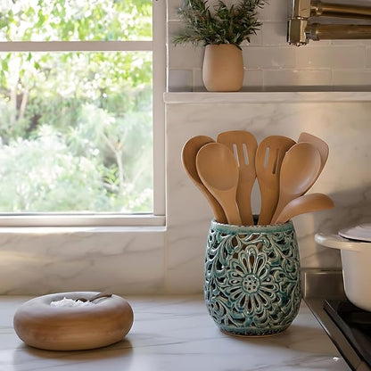 Farmhouse Kitchen Utensil Holder for Kitchen Counter, Ceramic Large Cooking Utensil Crock with Cork Mat, Countertop Cooking Tool Spatula Organizer, Antique Grayish Blue