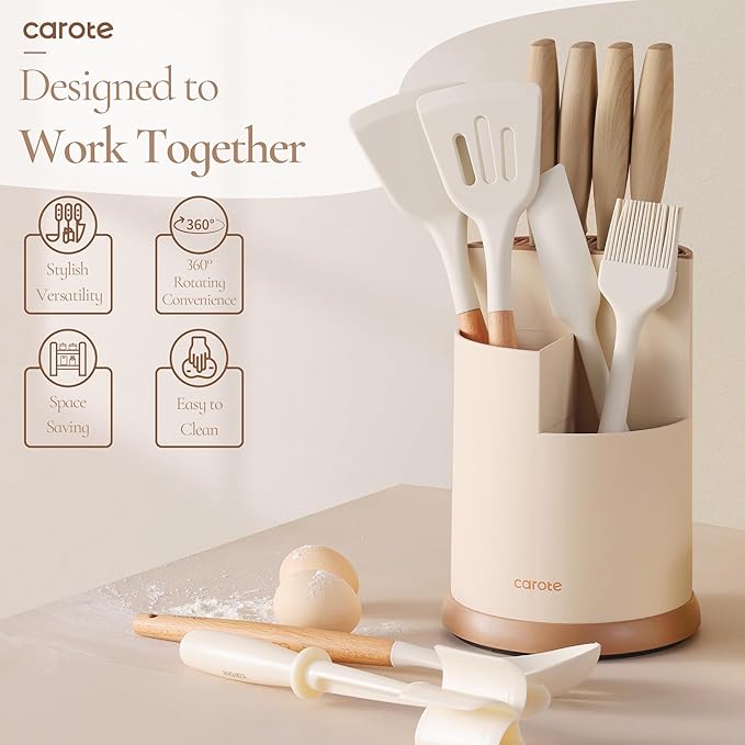 CAROTE 13Pcs Kitchen Utensils Set with 360 Rotating Knife Block, Heat Resistant Cooking Utensils with Wooden Handle, Nonstick Ceramic Surface, Cream White - Image 4