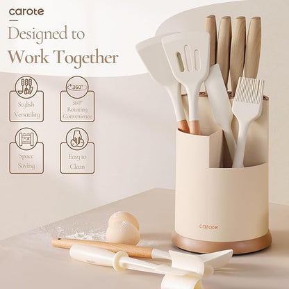 CAROTE 13Pcs Kitchen Utensils Set with 360 Rotating Knife Block, Heat Resistant Cooking Utensils with Wooden Handle, Nonstick Ceramic Surface, Cream White - Image 4