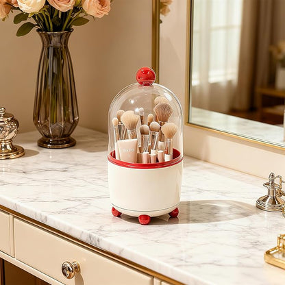 Makeup Brush Holder with Lid, Cosmetic Tools Organizer with Cover, 360° Rotating Sliding Opening Dustproof Brushes Container for Vanity, Ideal Gift for Girlfriend Wife Friends (Red)