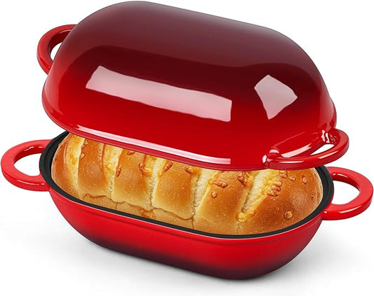 Homikit Enameled Cast Iron Dutch Oven for Bread Baking, 2.8 QT Oval Bread Oven Pot with Lid, 9.5 x 5.7 Inch Sourdough Loaf Baking Pan for Homemade Bread, Heavy Duty & Oven Safe, Red