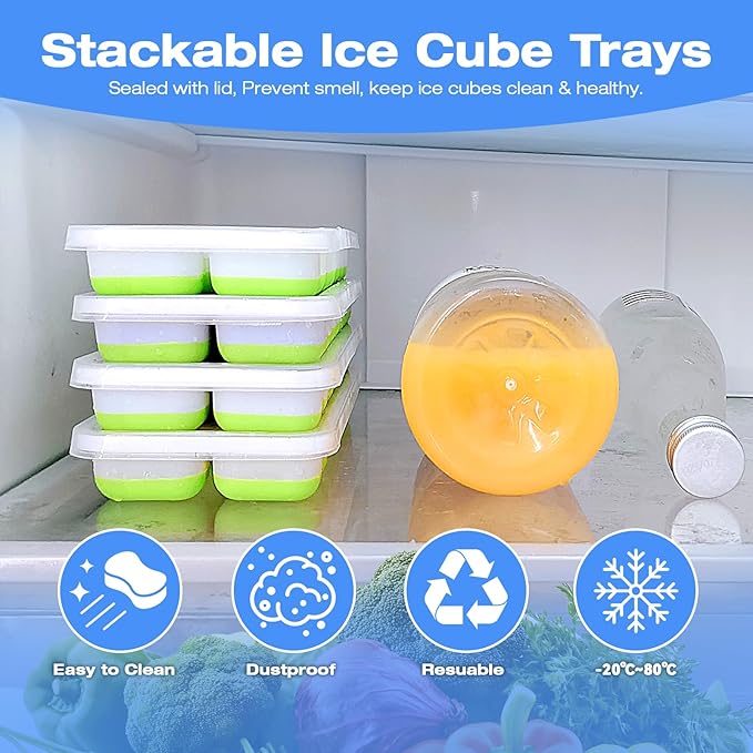 RAIN SPIRIT Ice Cube Trays,2 Pack Durable Stackable Ice Trays for Freezer with Spill-Resistant with Removable Lid, Easy-Release 28 pcs Silicone Ice Maker for Cocktail, juice, Beer,BPA-Free - Image 3
