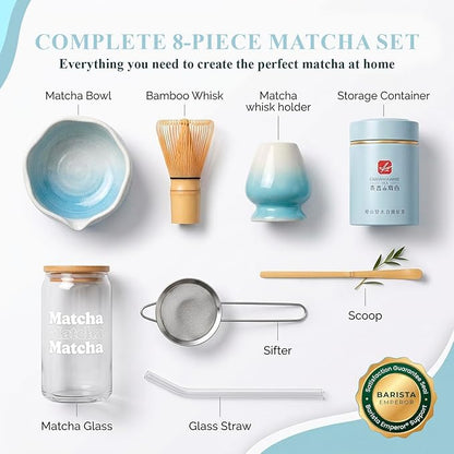 BARISTA EMPEROR® PREMIUM 8pcs MATCHA WHISK SET - Professional Matcha Kit Set with Matcha Bowl, Matcha Whisk, Matcha Glass, Glass Straw, Storage Container, Sifter, Scoop - Aesthetic Matcha Set Kit