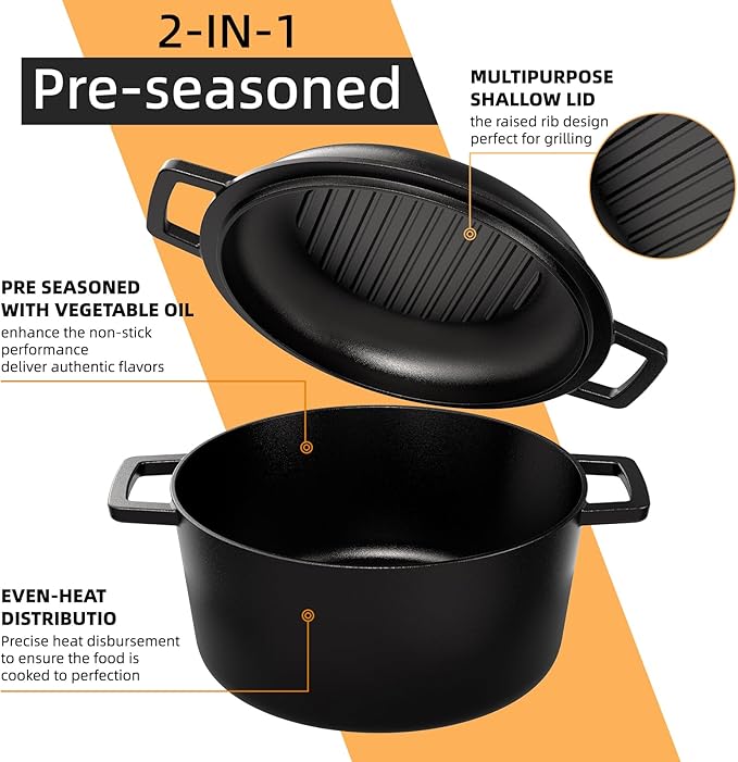 2-in-1 Pre-Seasoned Cast Iron Double Dutch Oven Pot with Skillet Lid & Silicone Sleeves – Raised Rib Skillet Lid– Umite Chef 7QT Cast Iron Skillet Cookware Pan Set wirh Dual Handles – Oven, Grill, Campfire & Stovetop Safe –PFAS-Free - Image 3