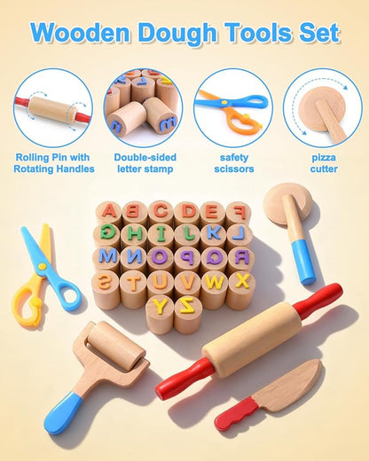 Wooden Dough Tools Kit for Kids, Dough Accessories with Rolling Pins, Pizza Cutter, Safety Scissors & 26 Letter Stamps, Educational Alphabet Learning Toys Gift for Toddlers Ages 3–6