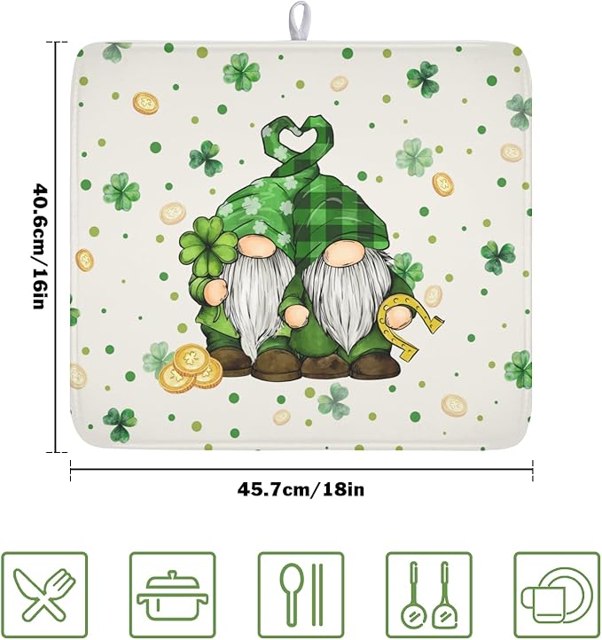 St Patrick's Day Gnome Dish Drying Mat for Kitchen Counter,Inch Lucky Shamrock Gold Coin Drying Mat 16 x 18 Inch with Absorbent Reversible Microfiber Dish Drying Pad for Coffee Bar - Image 2