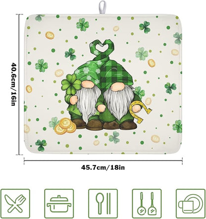 St Patrick's Day Gnome Dish Drying Mat for Kitchen Counter,Inch Lucky Shamrock Gold Coin Drying Mat 16 x 18 Inch with Absorbent Reversible Microfiber Dish Drying Pad for Coffee Bar - Image 2