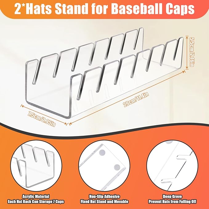 Hat Stand for Baseball Caps, 2 Pack No Install Acrylic Hat Organizer for 14 Baseball Caps Storage Organizer, Hat Racks Hat Holder Display and Organization for Closet, Bedroom, Dresser (Clear-2Pack) - Image 7