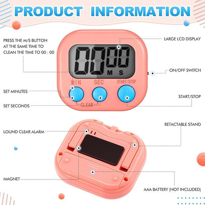 Xuhal 12 Pieces Digital Kitchen Timer Bulk, Small Magnetic Timers for Classroom, Digits Stopwatch Clock Timer for Cooking Baking Sports Games Office, Not Including Battery (Pink,Blue) - Image 4