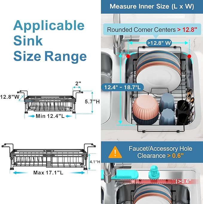 iSPECLE Expandable Dish Drying Rack for Kitchen Sink - Heavy Duty Adjustable Over The Sink Dish Drainer with Square Corners, Rust Resistant with Lock Knob, Fit for Modern Single & Double Sinks, Black