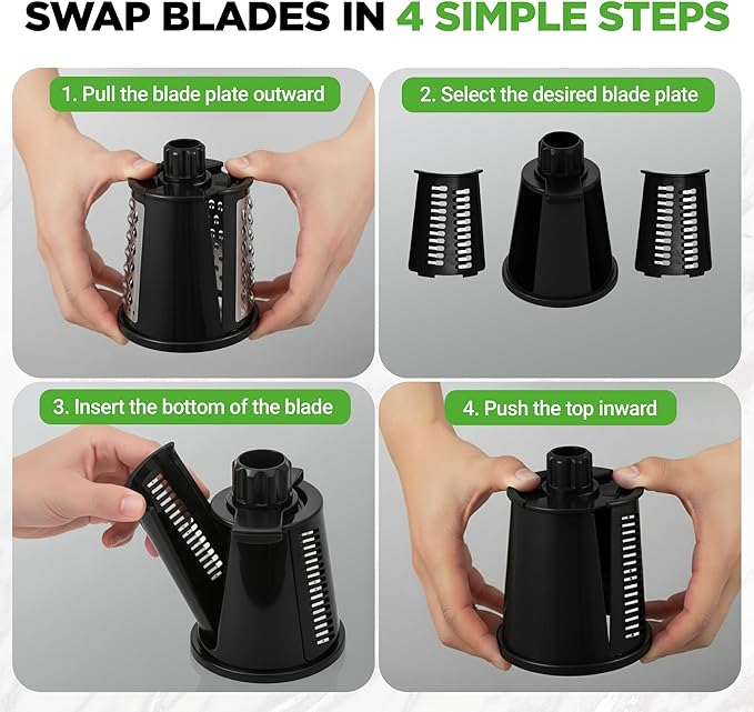 NutriChef 5 in 1 Cheese Grater & Shredder | 5 Different Blades for Thin, Thick, Julienne Strips, Wavy, & Straight Strips | Includes Hand Crank, Strong Suction Base & Storage Container | Black - Image 3