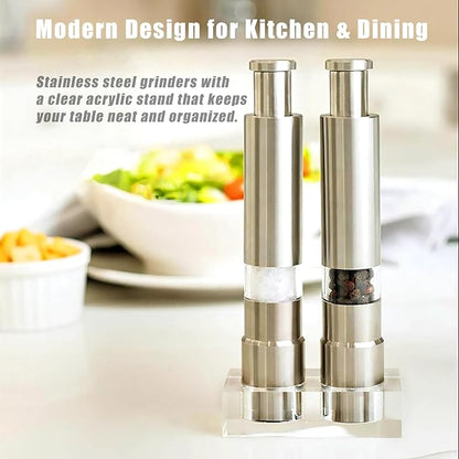 Salt and Pepper Grinder Set, Pump & Grind Peppermill, 2 Refillable Stainless Steel Mills with Thumb Press, One-Handed Salt and Pepper Grinder with Clear Acrylic Stand for Kitchen and Dining - Image 2