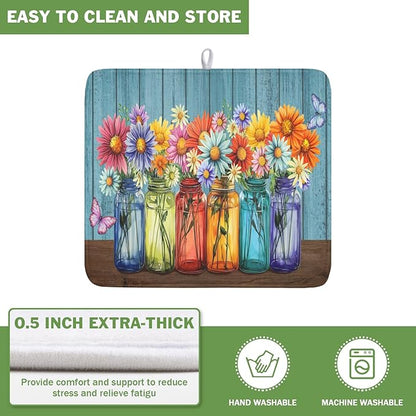 Vintage Floral Dish Drying Mat for Kitchen Counter Rustic Flower Vases Wooden Board Microfiber Dish Drainer Mat Spring Summer Absorbent Washable Drying Pad 16"x18"