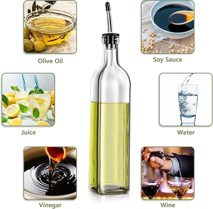 Leaflai Olive Oil Dispenser Bottle, 1 Pcs Glass Olive Oil Dispenser and Vinegar Dispenser Set with 2 Stainless Steel Pourers, 2 Labels,1 Brush and 1 Funnel Oil Bottles for Kitchen (500ml) - Image 7
