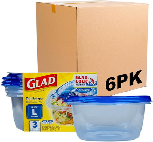 Glad GladWare Tall Entree Food Storage Containers with Lids, Large Square BPA Free Plastic for Meal Prep and Lunches, Lock Tight Seal, Microwave and Dishwasher Safe, 42 Oz, 3 Count - 6 Pack by GladTrashFoodStorage