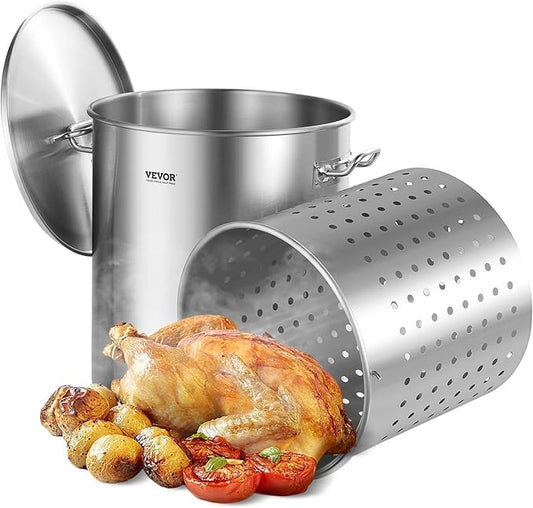 VEVOR Stainless Steel Stockpot, 64 Quart Large Cooking Pots, Cookware Sauce Pot with Basket, Lid, and Handle, Heavy Duty Commercial Grade Stock Pot, Sanding Treatment, for Large Groups Events Silver by VEVOR