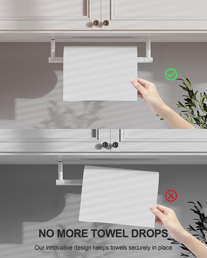 White Paper Towel Holder Under Cabinet, Self Adhesive or Wall Mounted SUS304 Stainless Steel Paper Towel Holder for Kitchen, Bathroom, Farmhouse, Barbecue and Laundry (White) - Image 5